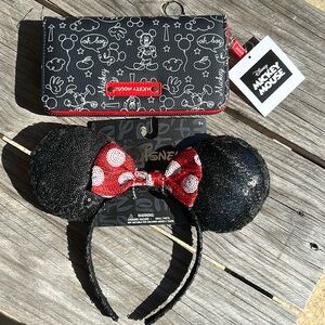 Disney ears black sequence with red white bow and zip around wrist wallet set